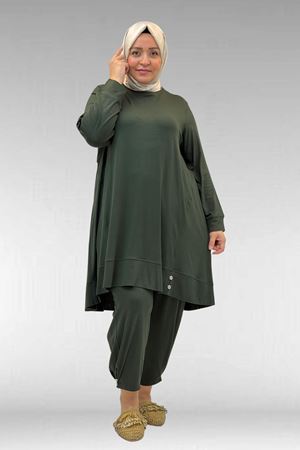 67041 Büyük Beden Düğme Detaylı Penye Pantolonlu Takım - Haki