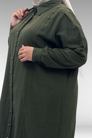 68021 Büyük Beden Düğme Detaylı Müslin Gömlek - Haki