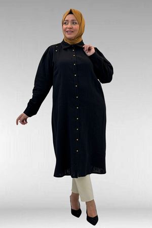 68021 Büyük Beden Düğme Detaylı Müslin Gömlek - Siyah