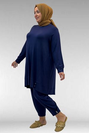 67041 Büyük Beden Düğme Detaylı Penye Pantolonlu Takım - İndigo