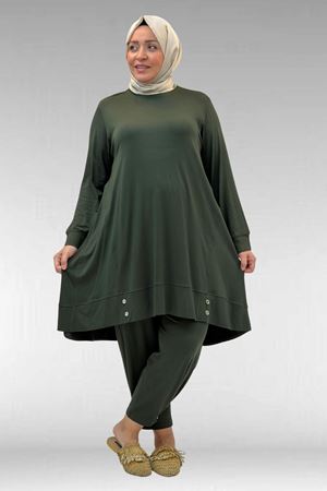 67041 Büyük Beden Düğme Detaylı Penye Pantolonlu Takım - Haki