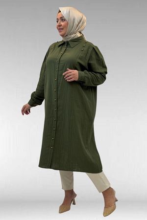 68021 Büyük Beden Düğme Detaylı Müslin Gömlek - Haki