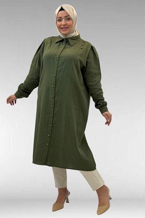 68021 Büyük Beden Düğme Detaylı Müslin Gömlek - Haki