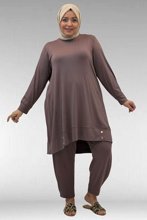 67041 Büyük Beden Düğme Detaylı Penye Pantolonlu Takım - Vizon