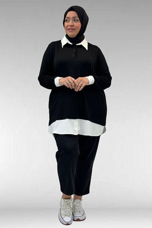 68028 Büyük Beden Kombinli -Manşetli Penye Tunik - Siyah