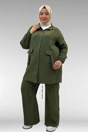 67015 Büyük Beden Cepleri D Toka Detaylı Müslin Pantolonlu Takım - Haki