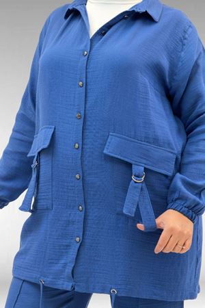 67015 Büyük Beden Cepleri D Toka Detaylı Müslin Pantolonlu Takım - İndigo