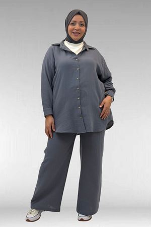 67038 Büyük Beden Erkek Yakalı Müslin Pantolonlu Takım - Antrasit