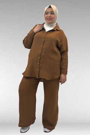 67038 Büyük Beden Erkek Yakalı Müslin Pantolonlu Takım - Kahve