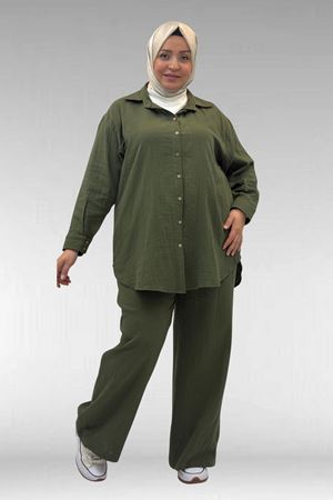 67038 Büyük Beden Erkek Yakalı Müslin Pantolonlu Takım - Haki