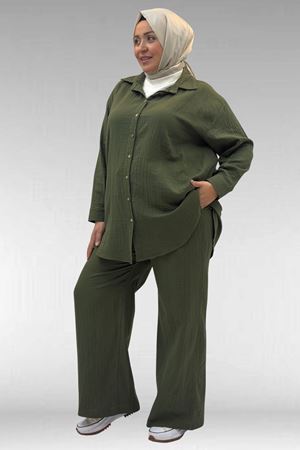 67038 Büyük Beden Erkek Yakalı Müslin Pantolonlu Takım - Haki