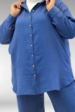 67038 Büyük Beden Erkek Yakalı Müslin Pantolonlu Takım - İndigo