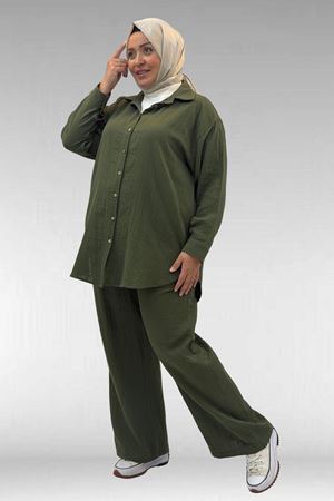 67038 Büyük Beden Erkek Yakalı Müslin Pantolonlu Takım - Haki