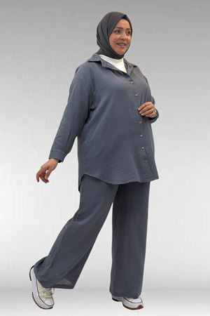 67038 Büyük Beden Erkek Yakalı Müslin Pantolonlu Takım - Antrasit