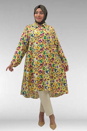 68015 Büyük Beden Mevlana Kesim Mango Gömlek - Desenli Sarı