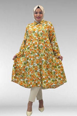 68015 Büyük Beden Mevlana Kesim Mango Gömlek - Çiçek Desen Yeşil