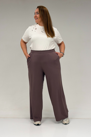 39000 Büyük Beden Yüksek Beli Lastikli Bol Paça Penye Pantolon - Vizon