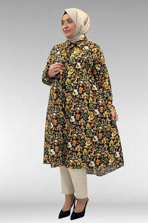 68015 Büyük Beden Mevlana Kesim Mango Gömlek - Desenli Siyah