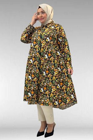 68015 Büyük Beden Mevlana Kesim Mango Gömlek - Desenli Siyah