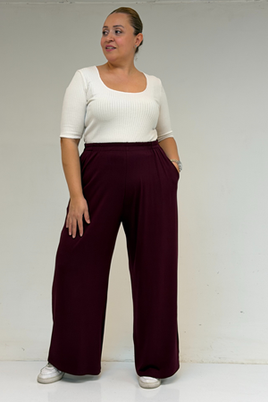 39000 Büyük Beden Yüksek Beli Lastikli Bol Paça Penye Pantolon - Bordo