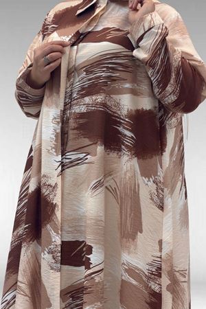 68015 Büyük Beden Mevlana Kesim Mango Gömlek - Desenli Çikolata Kahve