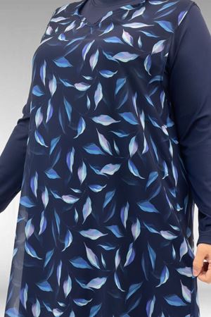1723 Büyük Beden Uzunkol Şifon Pareolu Tesettür Mayo - Yaprak Desenli Lacivert