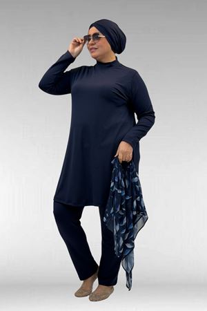 1723 Büyük Beden Uzunkol Şifon Pareolu Tesettür Mayo - Yaprak Desenli Lacivert