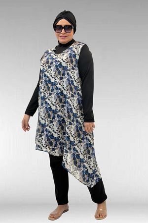 1723 Büyük Beden Uzunkol Şifon Pareolu Tesettür Mayo - Yaprak Desen Mavi