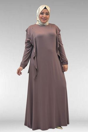 62003 Büyük Beden Omuzdan Aşağı Fırfır Detaylı Penye Elbise - Vizon