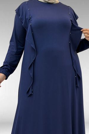 62003 Büyük Beden Omuzdan Aşağı Fırfır Detaylı Penye Elbise - İndigo