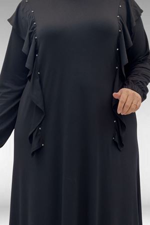 62003 Büyük Beden Omuzdan Aşağı Fırfır Detaylı Penye Elbise - Siyah