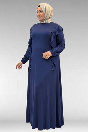62003 Büyük Beden Omuzdan Aşağı Fırfır Detaylı Penye Elbise - İndigo