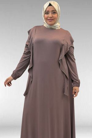 62003 Büyük Beden Omuzdan Aşağı Fırfır Detaylı Penye Elbise - Vizon