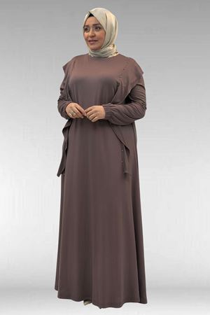 62003 Büyük Beden Omuzdan Aşağı Fırfır Detaylı Penye Elbise - Vizon