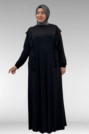 62003 Büyük Beden Omuzdan Aşağı Fırfır Detaylı Penye Elbise - Siyah