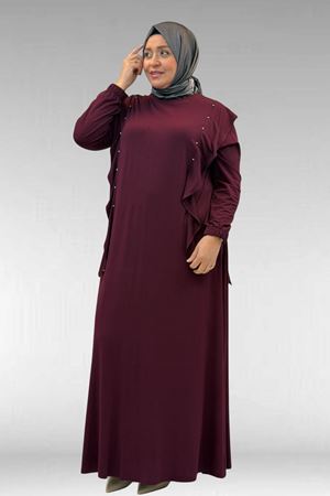 62003 Büyük Beden Omuzdan Aşağı Fırfır Detaylı Penye Elbise - Bordo