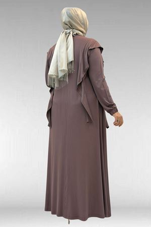 62003 Büyük Beden Omuzdan Aşağı Fırfır Detaylı Penye Elbise - Vizon