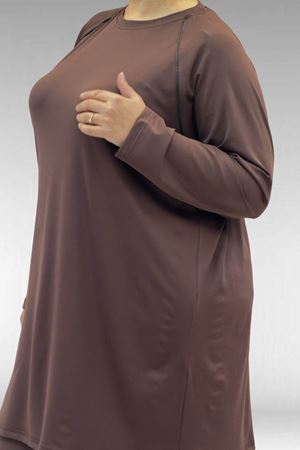 1741 Büyük Beden Kıstırma Biyeli Tesettür Mayo - Kahve