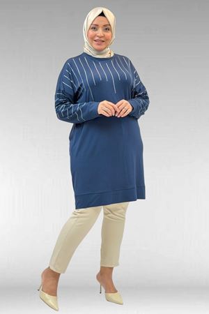 68020 Büyük Beden Damla Taş Detaylı Penye Tunik - Petrol