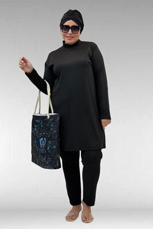 1740 Büyük Beden Düz Renk Tesettür Mayo - Siyah
