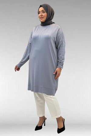 68020 Büyük Beden Damla Taş Detaylı Penye Tunik - Gri