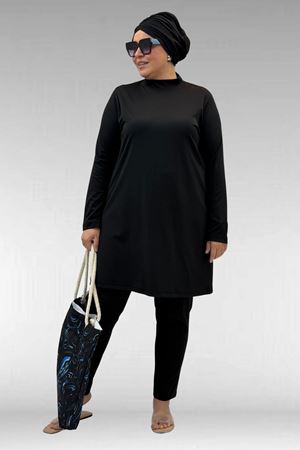 1738 Büyük Beden Düz Renk Tesettür Mayo - Siyah