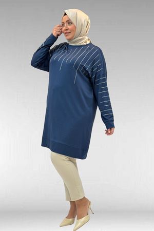 68020 Büyük Beden Damla Taş Detaylı Penye Tunik - Petrol