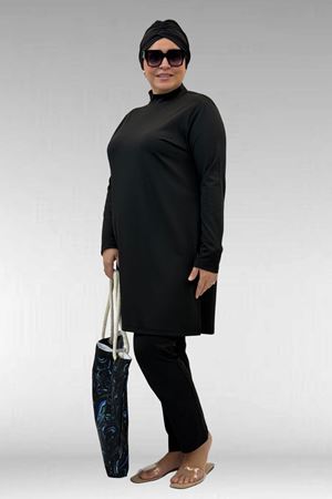 1738 Büyük Beden Düz Renk Tesettür Mayo - Siyah