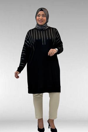 68020 Büyük Beden Damla Taş Detaylı Penye Tunik - Siyah
