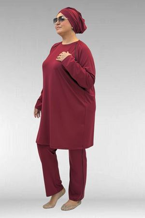 1741 Büyük Beden Kıstırma Biyeli Tesettür Mayo - Bordo