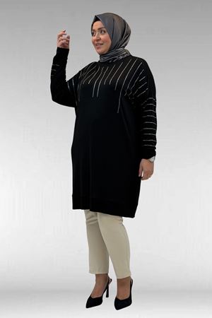 68020 Büyük Beden Damla Taş Detaylı Penye Tunik - Siyah