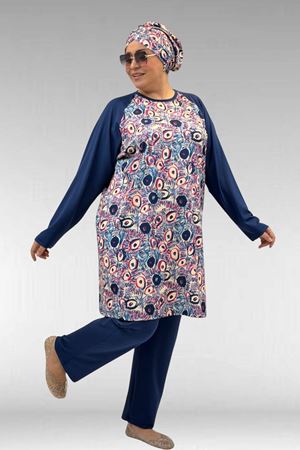 1742 Büyük Beden Uzunkol Tesettür Mayo Takım - Göz Desen İndigo