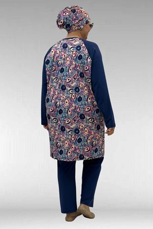 1742 Büyük Beden Uzunkol Tesettür Mayo Takım - Göz Desen İndigo