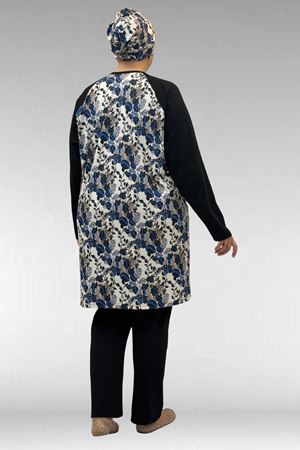 1742 Büyük Beden Uzunkol Tesettür Mayo Takım - Yaprak Desen Mavi